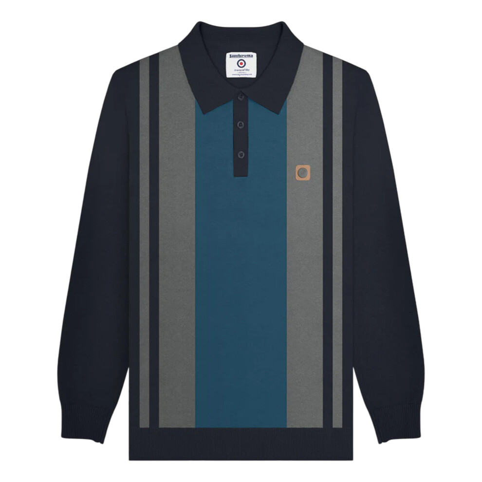 Lambretta (3Xl, Navy/Iron) Mens Aw25 Vintage Panelled Long-Sleeved Polo Shirt