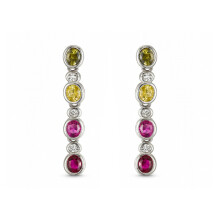 Jewelco London Sterling Silver Red Yellow Green Purple Oval Cubic Zirconia Bezel Rainbow Raindrop Drop Earrings - AES287