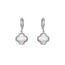 Jewelco London Silver Rainbow Clover Mother of Pearl & Cubic Zirconia Lucky Charm Halo Huggie Hoop Drop Earrings - AER186