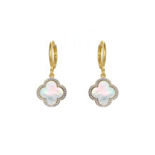 Jewelco London Gold-plated Silver Rainbow Clover Mother of Pearl & CZ Lucky Charm Halo Huggie Hoop Drop Earrings - AER186-GP