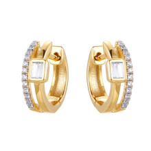 Jewelco London Gold-plated Silver White Baguette Cubic Zirconia Double Row Bezel Solitaire Eternity Huggie Hoop Earrings - AER194-GP