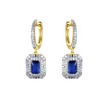 Jewelco London Gold-plated Silver Blue Radiant & Baguette CZ Octagon Royal Cluster Eternity Huggie Hoop Drop Earrings - AER199B-GP