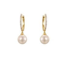 Jewelco London Gold-plated Silver White Round Pearl & Cubic Zirconia Full Moon Eternity Huggie Hoop Drop Earrings - AER202-GP