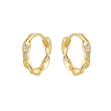 Jewelco London Gold-plated Sterling Silver White Round Cubic Zirconia Twisted Ribbon Pave Hoop Earrings 17mm - AER196B-GP