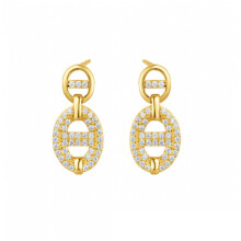 Jewelco London Gold-plated Sterling Silver White Round Cubic Zirconia Puffed Double Mariner Link Drop Earrings - AES278-GP
