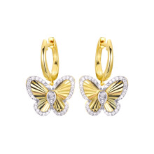 Jewelco London Gold-plated Sterling Silver White Pear Cubic Zirconia Butterfly Halo Fluted Sunburst Huggie Drop Earrings - AER197-GP