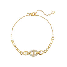 Jewelco London Gold-plated Sterling Silver White Round Cubic Zirconia Encrusted Mariner Link Charm Bracelet, 6.5-8" - ABB260-GP