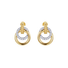 Jewelco London Gold-plated Silver White Round Cubic Zirconia Beaded Column Double Interlocked Rings Drop Earrings - AES274-GP