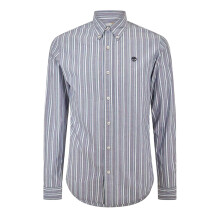 (S, Dark Denim) Timberland Mens Striped Collared Long-Sleeved Button-Down Shirt
