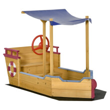 Kids Wooden Sandpit, Children Sandbox Pirate Ship, Sandboat Play Station for Outdoor w/ Canopy Shade Storage Bench Bottom Liner