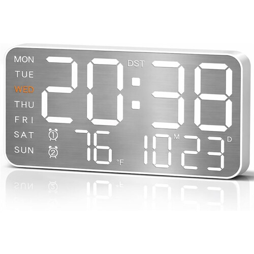 8.4''Large Digital Wall Clock,Led Alarm Clock with  Digits,Date,Temperature, DST,5-Level Brightness for Room,Bedroom