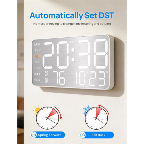 8.4''Large Digital Wall Clock,Led Alarm Clock with  Digits,Date,Temperature, DST,5-Level Brightness for Room,Bedroom 1