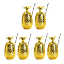 Paquet de 6 Gobelets à Boisson à L'Ananas, Gobelet à Ananas Doré de 450 Ml avec Paille Étirée, Gobelets de Fête Luau Hawaïen