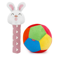 Combo Ball Souple (Petite, 11Cm) Et Hochet Lapin - Polyester, Ballon Souple, Rose