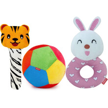 Pikipo Super Économique Jouet Doux En Polyester Pour Bébé Combo(3-En-1): Hochet Chat, Hochet Lapin, Et Boule 11Cm, Rouge