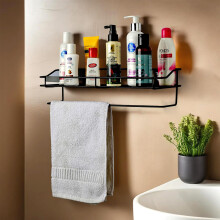 Kuber Industries Metalen Badkamer Plank Voor Wand - Organizer Shampoo Houder & 14 Inch Keuken Rek - Zwart