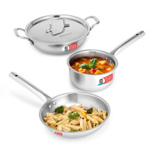 Wonderchef Venice Triply Stainless Steel 4 Pc. Cookware Set |Fry Pan 22Cm Kadhai With Lid 24Cm Saucepan 16Cm |Non-Toxic |Uniform Heating |Heavy-Dut