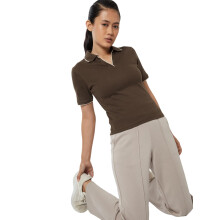 Max Kvinnor Ribbad Polo T-shirt (Brun_Xl)