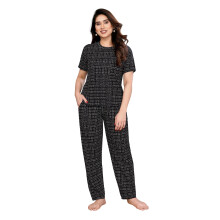 VJ Fashion Damen Baumwolle Lycra Bedrucktes & Gestricktes Nachtwäsche Set Schwarz