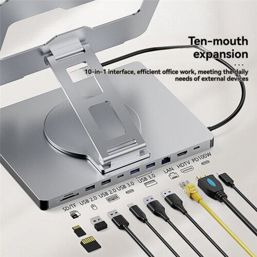 360 Rotatable 10  Docking Station with USB Hub Card Reader RJ45 for Laptop Foldable Universal Bracket Holder 2