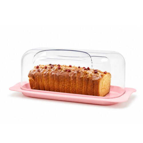 Bread & Cake Box Bin 36cm Acrylic Lid Plastic Base Clear Pink Storage Keeper 1