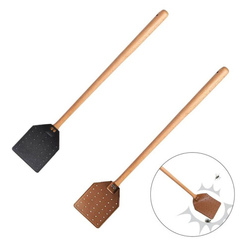 2 Matamoscas de Cuero con Mango Largo de Madera, Matamoscas Resistente para Interior y Exterior, Matamoscas Rústico