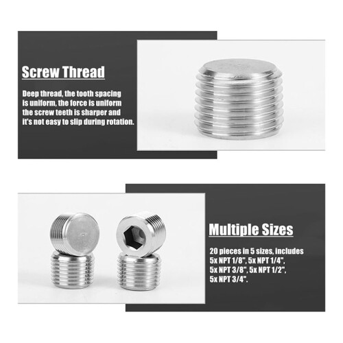 20 Pcs Pipe Plug Fitting,1/8 1/4 3/8 1/2 3/4In NPT Male Internal Hex Thread Socket Pipe Plug Fitting Assortment Kit,B