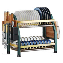 Support de Comptoir de Cuisine pour Bols Support de Rangement de Vaisselle à Double Couche Support de Bol Intégré Multifonctionnel, Vert et Doré