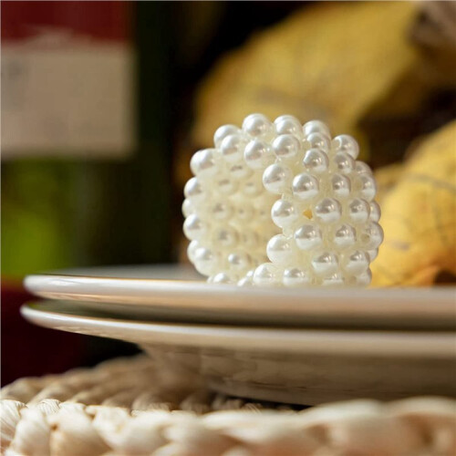 Ensemble de 96 Ronds de Serviette, Décoration de Table de Boucle de Serviette de Mariage en Perles Blanches 2