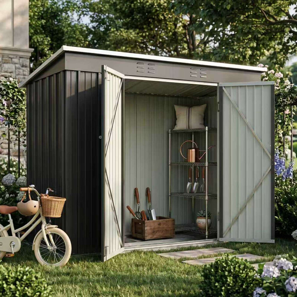 Birchtree (4X8ft, Grey) Garden Shed Strong Metal Pent Roof Outdoor Storage Free Foundation New