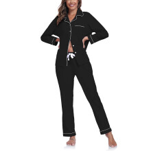COLORFULLEAF Damernas 100% Bomull Pyjamas Set Långärmad Sömnkläder Notch Krage Loungewear Knapp PJs (Svart, M)