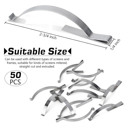 50 Pcs Window Screen Tension Spring, Corner Mount Flat Window Spring Stainless Steel Window Screen Clip 2-3/4inch