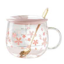 400Ml Creatieve Sakura Glazen Koffiemok Leuke Transparante Hittebestendige Waterbeker met Handvat Deksel , D
