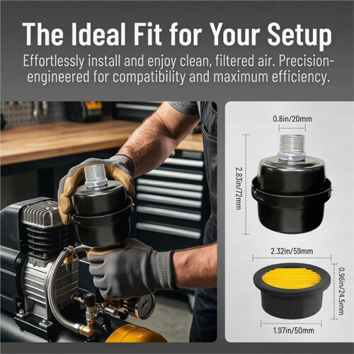 1/2" Thread Intake Silencer Filter, 20mm Metal Air Compressor Muffler with Replaceable Filter Element, Noise Reduction 2