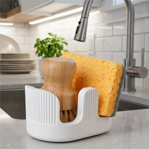 Absorbent Diatomaceous Earth Sponge Rack for Kitchen Sinks, Double-Bowl Quick-Drying Dishwashing Brush Organizer 1
