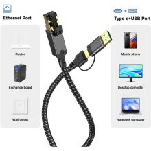 Kabel USB C do Ethernet 10/100/1000Mbps USB3.0 Typ C do RJ45 Gigabit LAN Konwerter Adapter Kabel CAT6, 1m