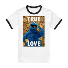 (XXL, White/Blue/Brown) Sesame Street Unisex Adult True Love Cookie Monster Cookie Ringer T-Shirt
