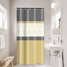 Litet 86 x 182 cm modernt bohemiskt geometriskt duschdraperiset med krokar, grågula vita abstrakta ränder, vattenavvisande polyester