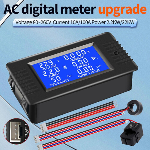 (100A with closed CT) 80–260 V AC-strømmåler Multimeter Voltmeter Amperemeter Energimåler Tester 1
