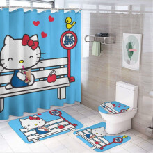 Ensemble de douche familial Hello Kitty 4 pièces avec tapis antidérapants, housse de toilette et tapis de bain, rideaux noirs imperméables + 12