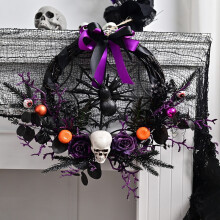 Halloween-seppele 40 cm etuovelle ruusulla, kurpitsalla, pääkalloilla ja hämähäkillä, musta/violetti, sisä-/ulkokäyttöön
