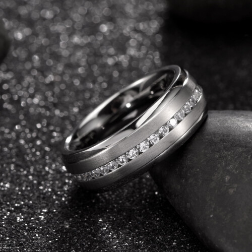 Βέρα γάμου Tioneer από καρβίδιο βολφραμίου με λευκό κυβικό ζιρκόνιο, στυλ Eternity με 1