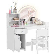 Kids Vanity Table and Chair Set, Girls Dressing Table with 2-Colour LED Mirror, Stool, Cabinet, Drawer, Shelves, White