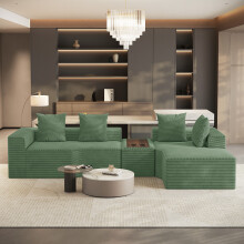 Corduroy Right L-Shaped Modular Sofa With Cup Holder, Green