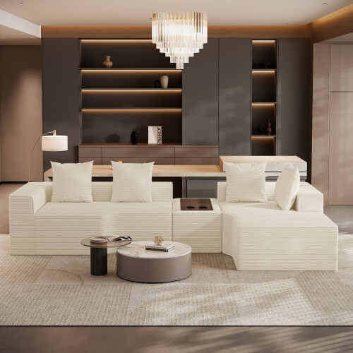 Corduroy Right L-Shaped Modular Sofa With Cup Holder, Beige