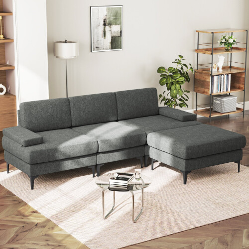 Convertible Sectional Couch Chenille 4 Seater L-Shaped Sofa Set Grey