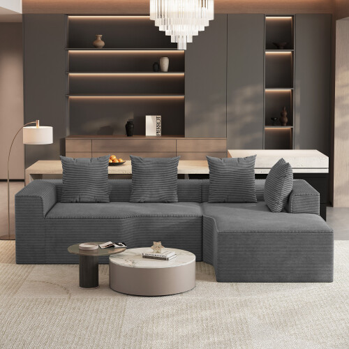 Corduroy Right L-Shaped Modular Sofa Grey