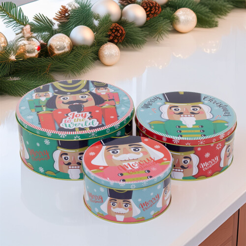Set of 3 Christmas Storage Tins | 3-piece Nutcracker Round Kitchen Nesting Tins 1