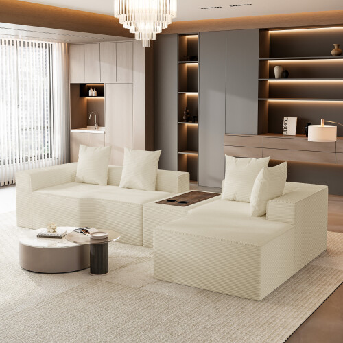 Corduroy Right L-Shaped Modular Sofa With Cup Holder, Beige 1