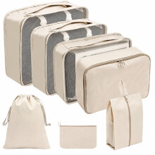 Luggage Packing Cubes Set, 7-Piece, Beige, Mesh Travel Organizer Bags for Suitcase